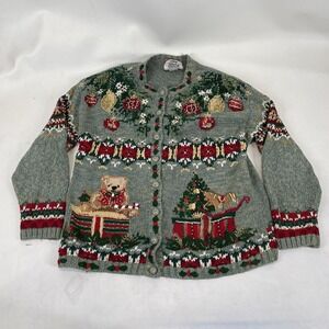Tiara International Christmas Cardigan Sweater Womens Size M Green